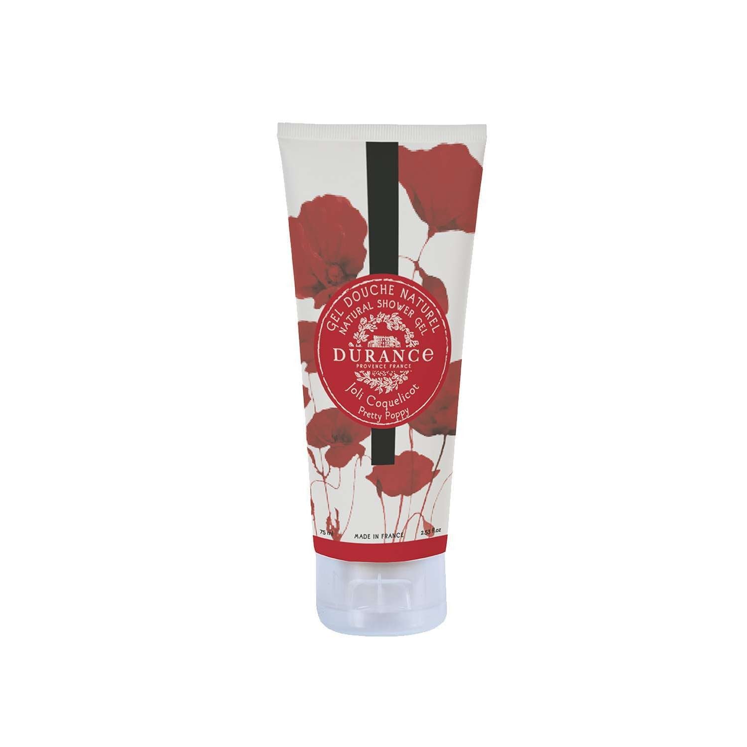 A tube of Durance brand shower gel with a design featuring red and white poppies.
